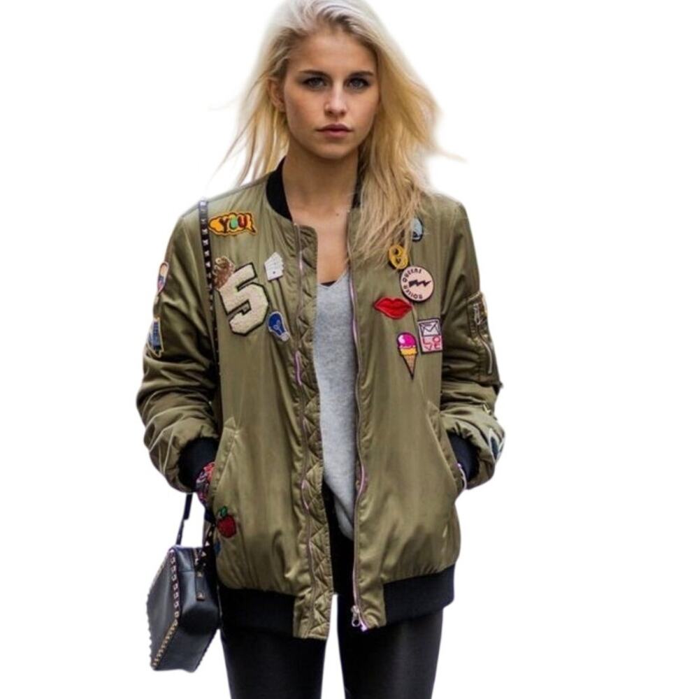 Zara Women’s Military Olive Green Patch Bomber Utility Jacket Size Large